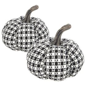 Set of 2, 7x7x6.7" Fabric Black-White Plaid Pumpkin Decor, for Holiday Halloween Decoration