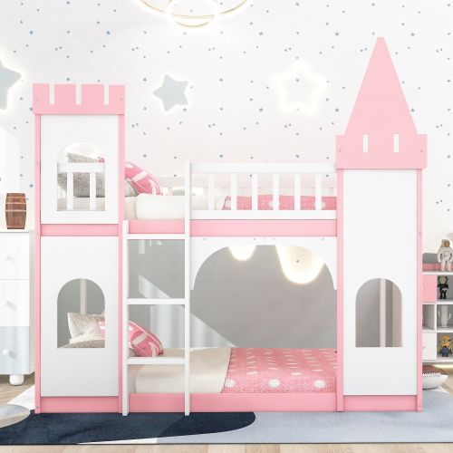 Twin Over Twin Castle Bunk Bed with Ladder - Pink Twin Over Twin Castle Bunk Bed with Ladder - Pink