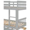 Twin Over Twin Rubber Wood Bunk Bed with Trundle, Convertible into Twin Size Beds, Twin Size Bunk Bed with Ladder and Safety Guardrails,Grey