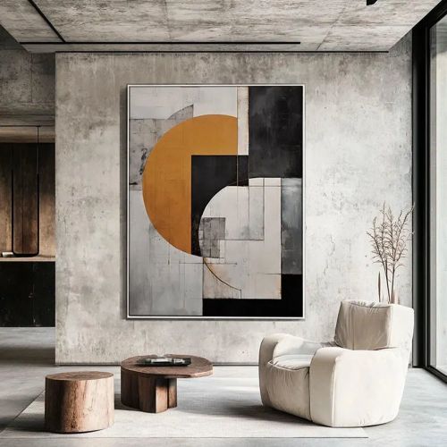 Geometric Gray and Orange Abstract Art Minimalist Midcentury Modern Figure Wall Art Decor for Elegant Homes Hand Painted Oil Painting