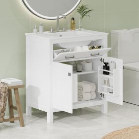 30-inch Bathroom Vanity with Ceramic Sink, Modern Green Single Bathroom Cabinet with 2 Doors and a Shelf, Soft Close Doors (Color: White, Material: Solid Wood+MDF)